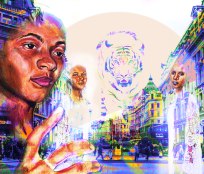 'Tigers on Piccadilly', 2017. Watercolour and pastel portraits, digital background. Inspired by sisterly bonds and the conscious choices we make before we are born in choosing one another, womanly power, prowess and the subconscious.